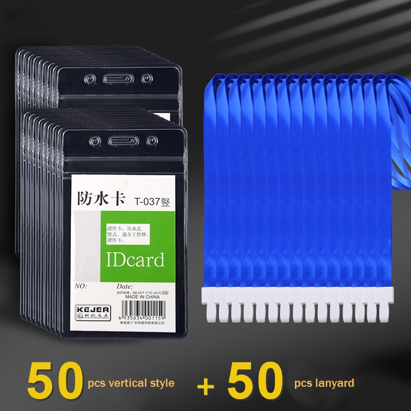 Work Card Soft Pvc Card Holder Waterproof Badge Protective Sleeve Company Work Certificate Card Sleeve Lanyard Office Supplies: 50pcs vertical set