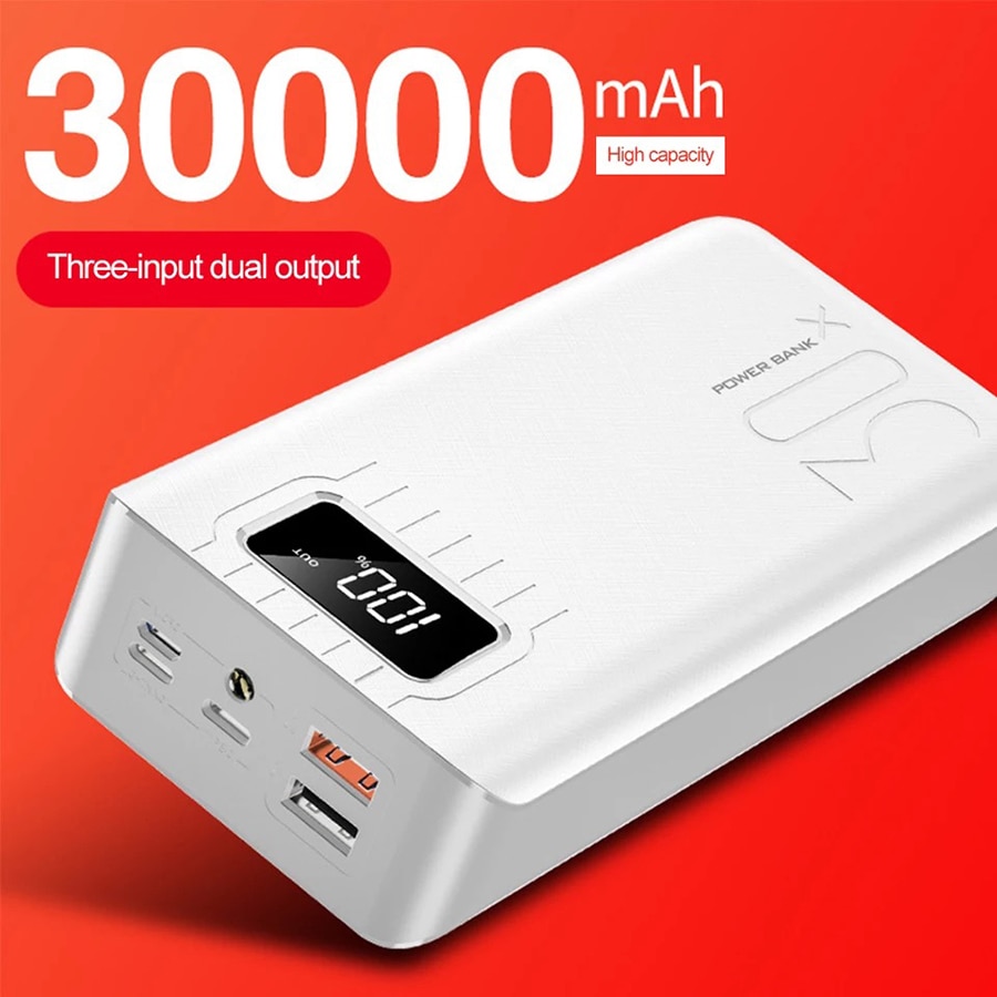 Power Bank 30000mah Display External Portable Charger Fast Charging PoverBank Double USB for All smartphones For Huawei Samsung: White