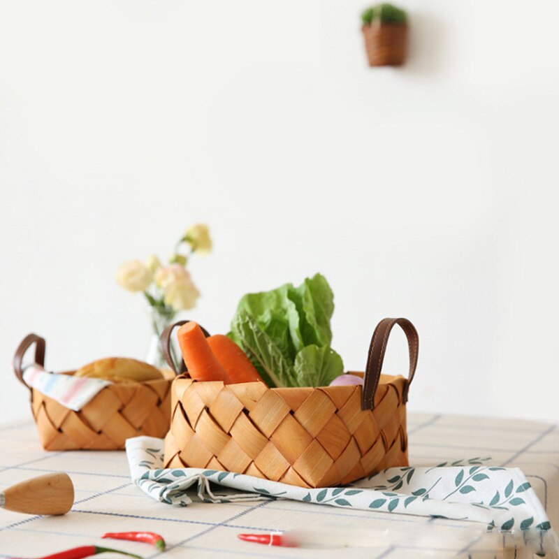 Handmade Wood Chip Kitchen Storage Basket Japanese Round Bread Fruit Vegetable Egg Storage Basket Portable Woven Basket
