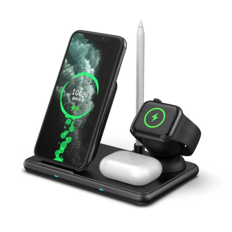 4 In 1 15W Qi Snelle Draadloze Oplader Dock Station Voor Iphone 12 11 Pro Xr Xs X Apple iwatch Airpods Pen Opladen Stand