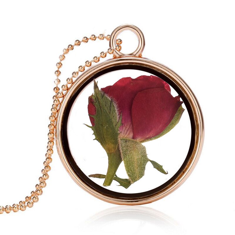 Popular Dried Flower Necklaces Korean Womens Long Gold Beads Chain Colorful Round Pendant Jewelry For Girls: HB-18028