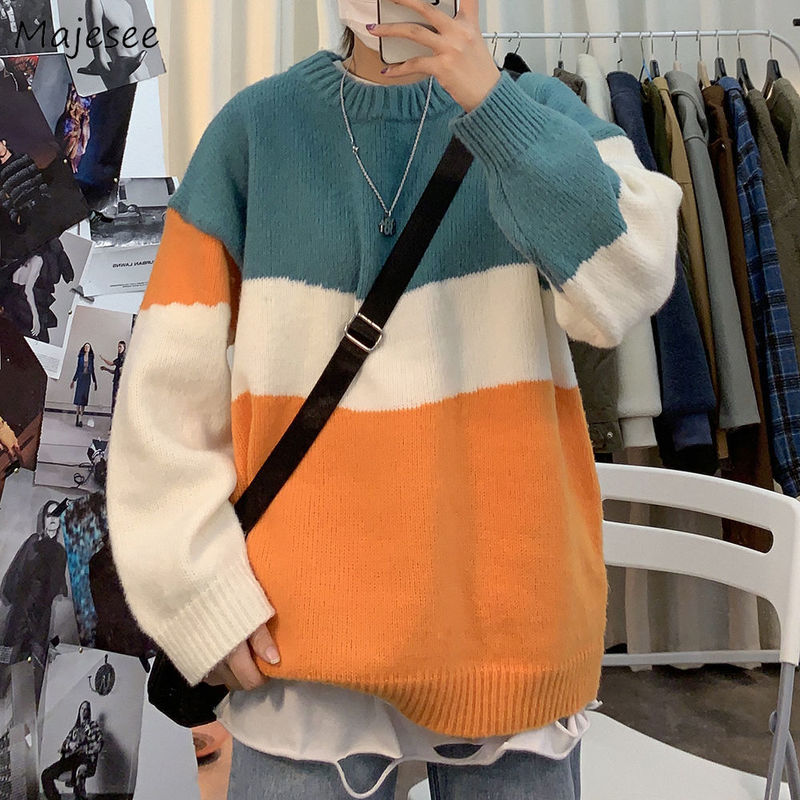 Gensere herre lappeteppe langermet panel høst vinter koreansk stil trendy fritidsgensere tenåringetone strikket stilig ins bf