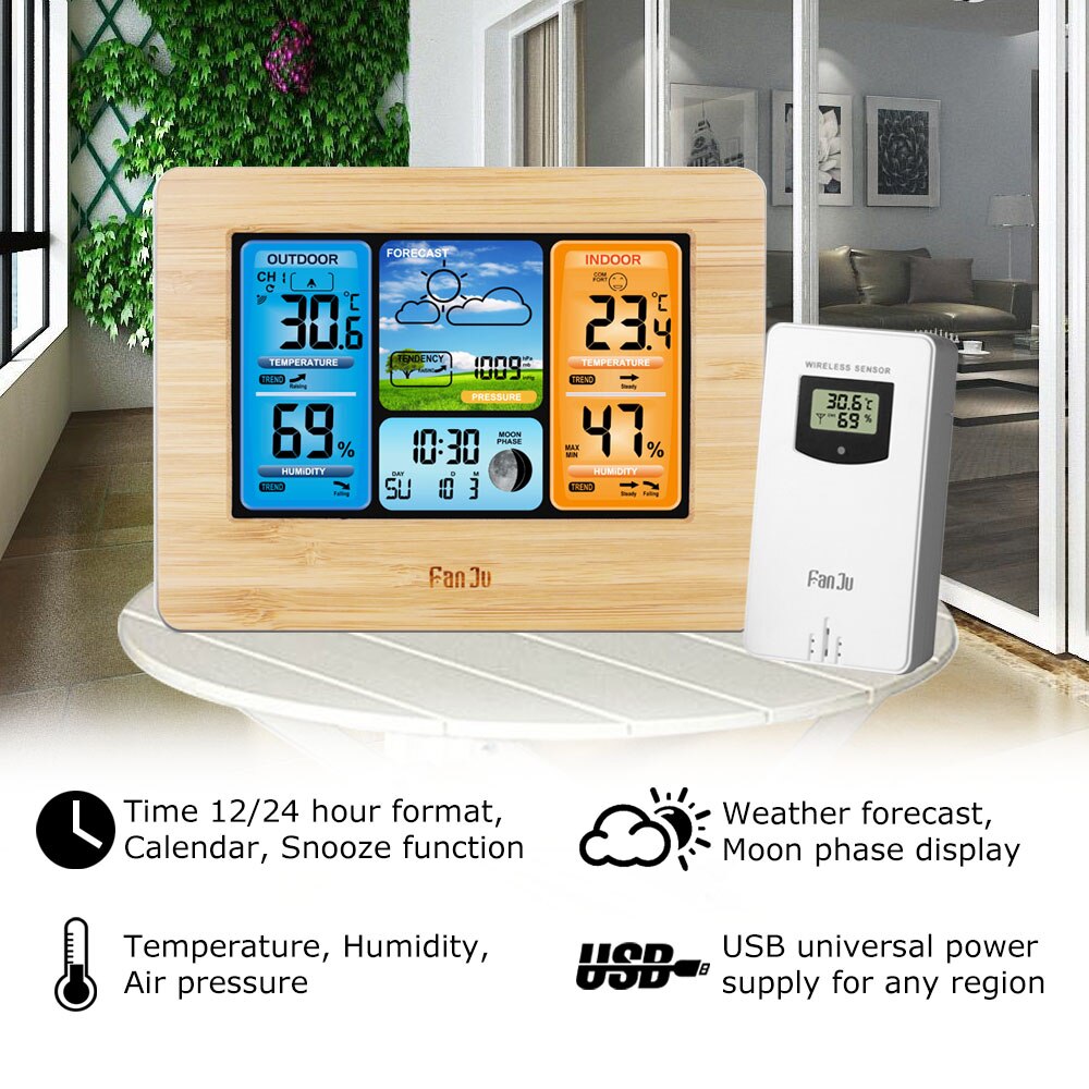 FJ3373 Wall Desk Alarm Clock Weather Station Digital Thermometer Hygrometer Wireless Sensor Forecast Temperature Watch