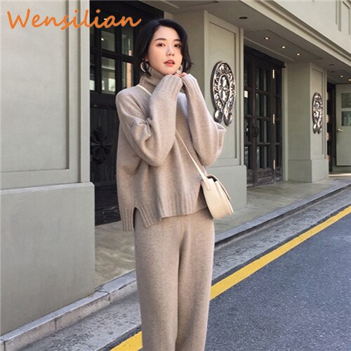 Women's Tracksuit Set - Knitted Turtleneck Pullover - 2 Piece Casual Outfit