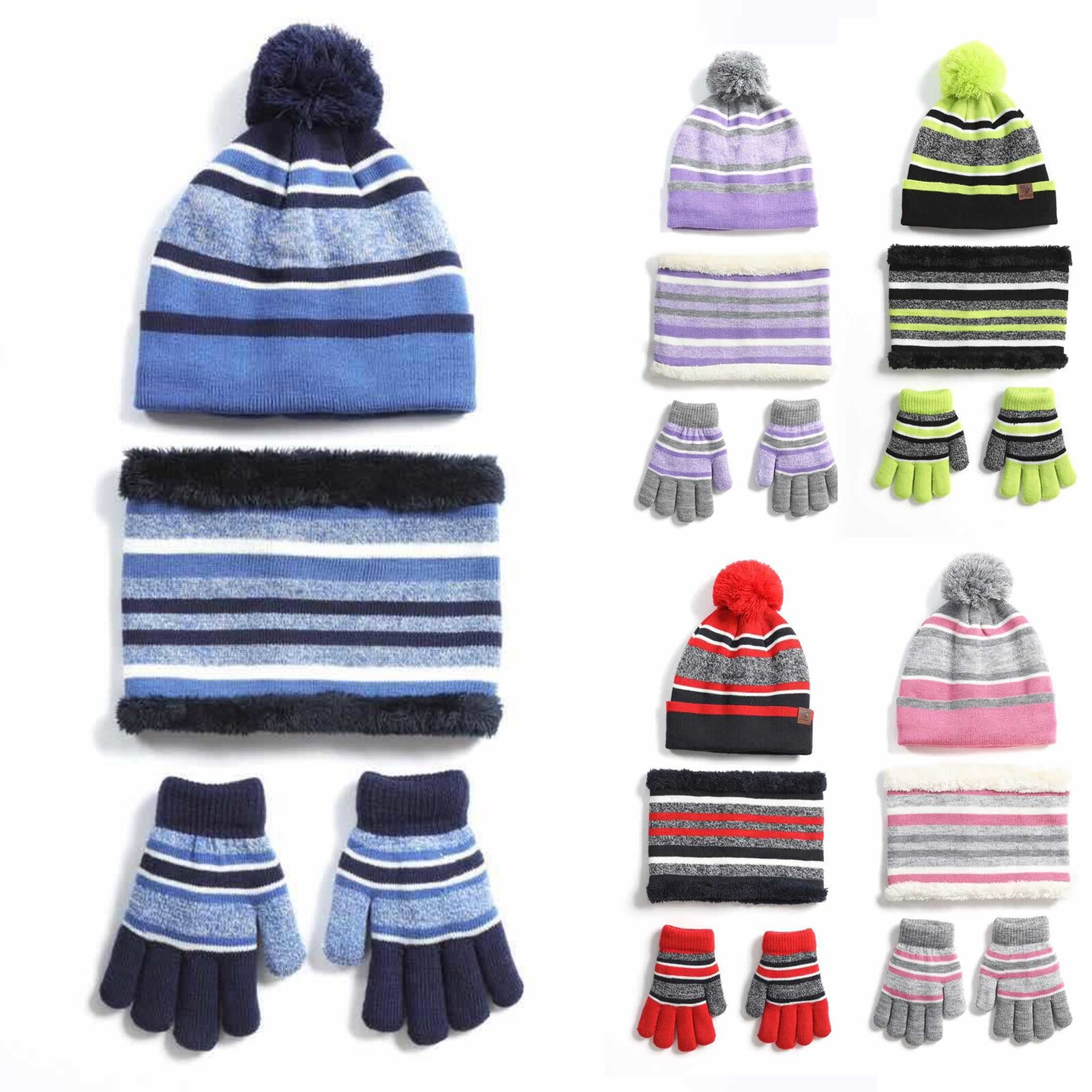 Gorros de invierno para niños, Kit de guantes de algodón, hilo de lana tejido, Gorro con pompón, cálido, bufandas, guante, conjunto de tres piezas