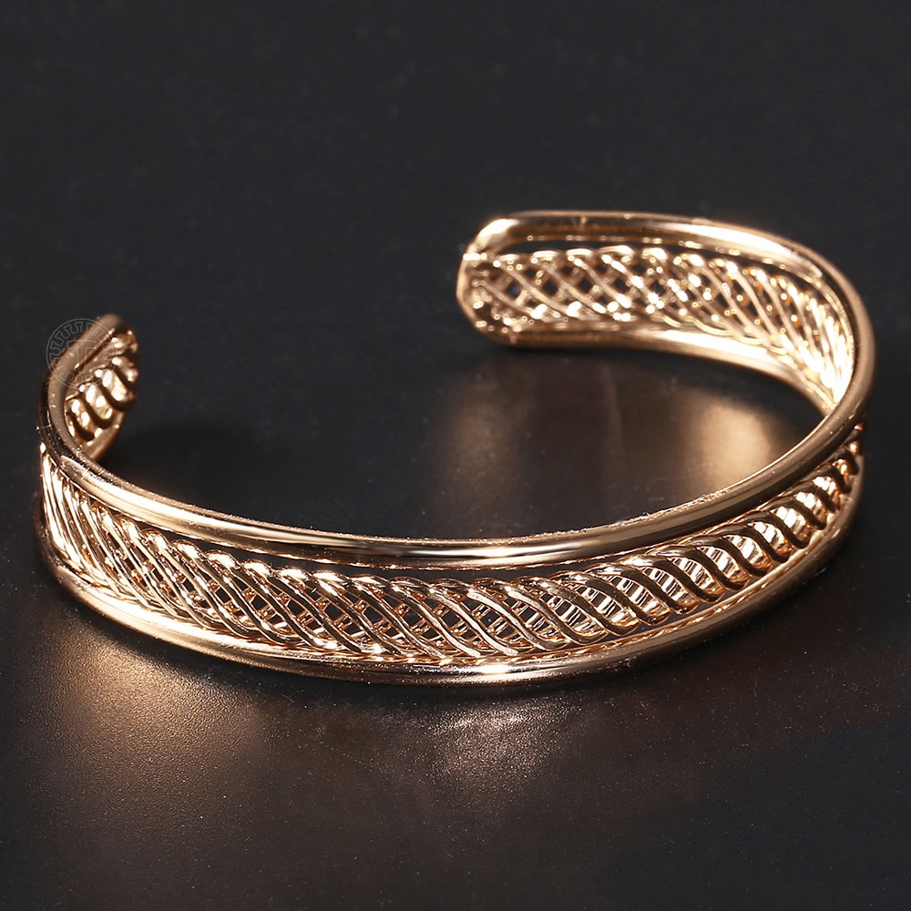 12mm 585 Rose Gold Cuff Bangle Bracelet for Women Girl Twisted Carved Wristband Simple Party Wedding Jewelry CB54