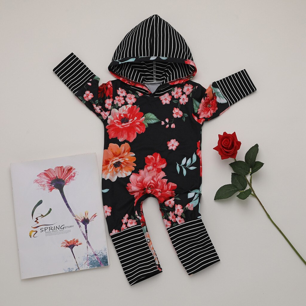 Pasgeboren Baby Baby Boy Meisje Bloemen Hooded Strepen Romper Jumpsuit Kleding Katoen Comfortabele Pasgeboren Baby Kleding 0-2 jaar