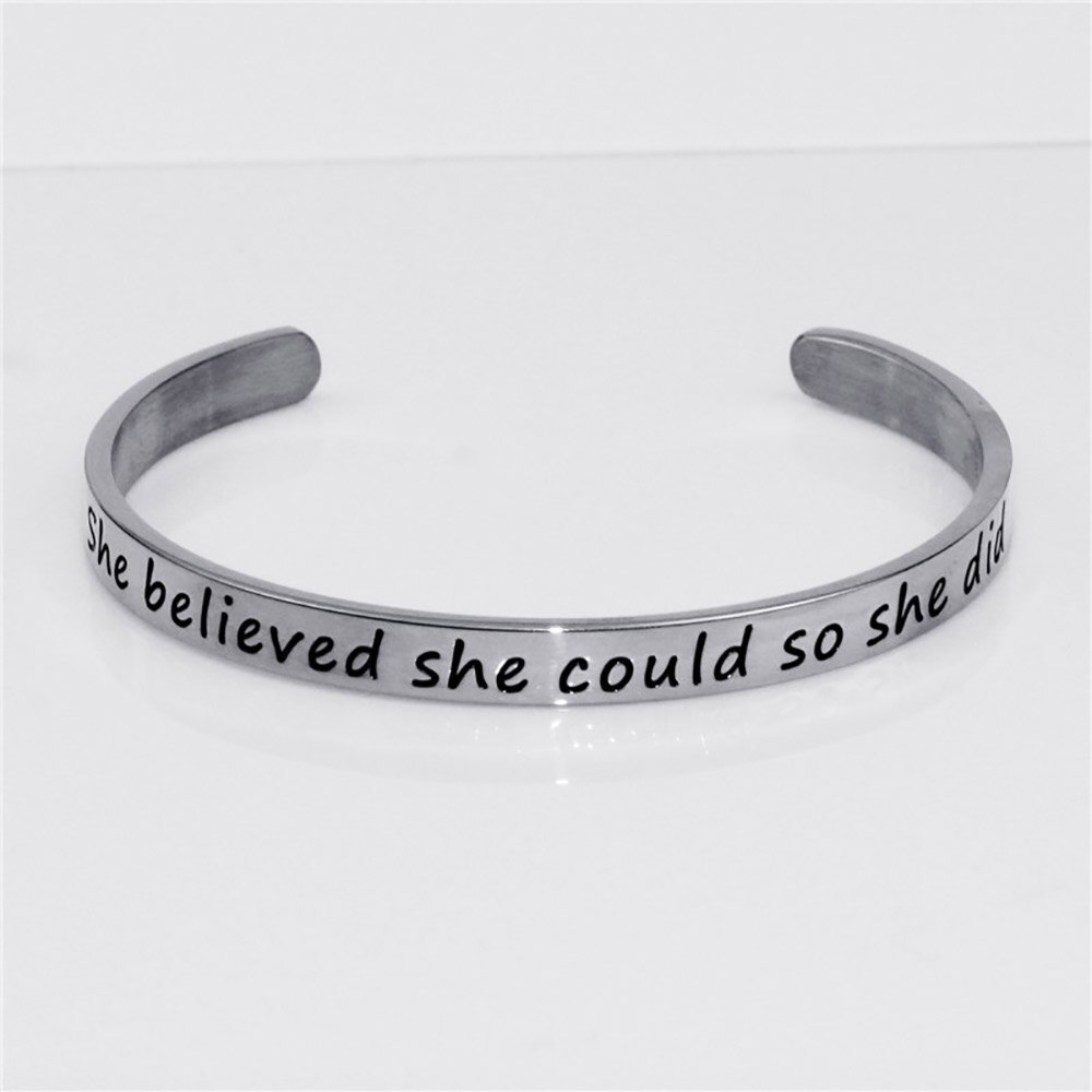 FINE4U B433 Inspirational Bracelet Cuff Bangle for Best Friend Sister Mantra Quote Stainless Steel Engraved Motivational Jewelry