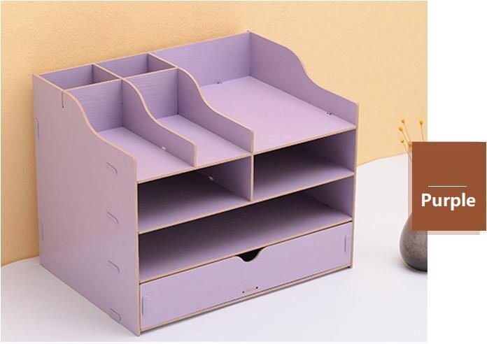 Trieur de documents de bureau en bois à 4 niveaux, support de documents A4 porte-plateau avec porte-stylo organisateur de bureau pour le bureau et la maison: PURPLE