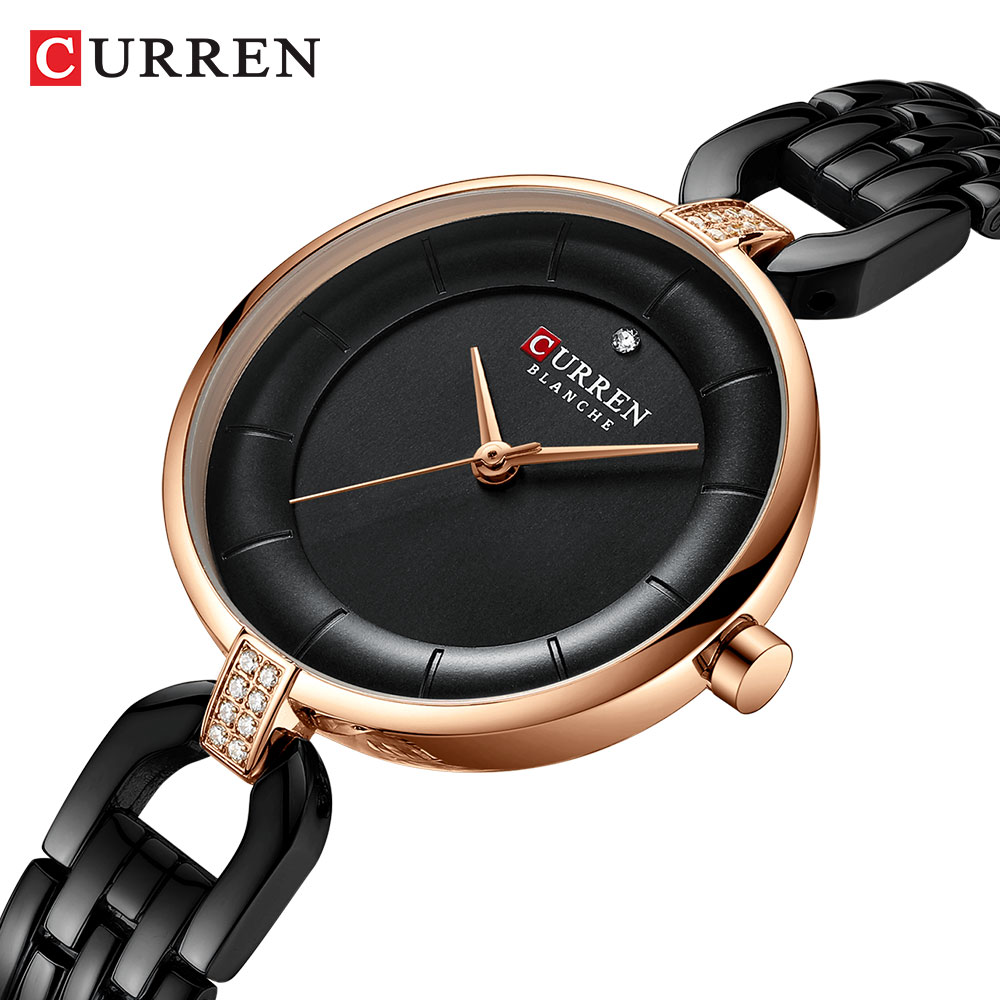 Curren zwarte dameshorloge met armband, luxe quartz analoog roestvrij staal, waterdichte dameshorloges