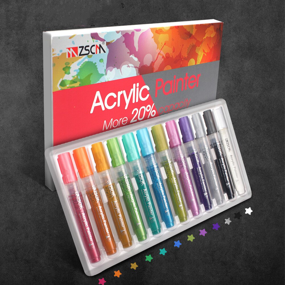 Acryl Verf Marker 60 Kleuren Kwast Met Canvas Tas Geschikt Voor Rock Schilderen Steen Keramiek Hout Canvas Verf Marker set: 12 colors white box