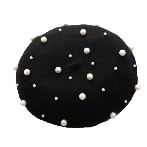 Béret en laine pour femme, couleur unie, automne-hiver, fausses perles, chaud, casquette de peintre, perles étoilées, rivets: Noir