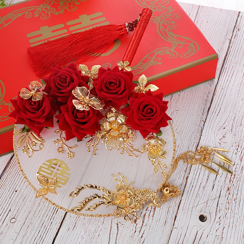 32x22cm Handheld Round Fan Materials Kit Handmade Ancient Chinese Wedding Bride Photography Ornaments Flowers