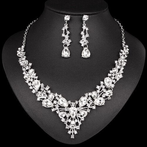 Mode Oostenrijkse Kristallen Oorbellen Ketting Set Indian Bruids Sieraden Sets Wedding Party Kostuum Accessoires voor Bruid Vrouwen: white in silver