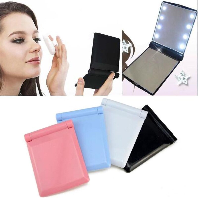 1 Pc Vrouwen Make-Up 7 kleuren Draagbare 8 LED Verlichting Lampen ABS Make Spiegels Lady Cosmetische Opvouwbare Compacte Spiegel Met batterij