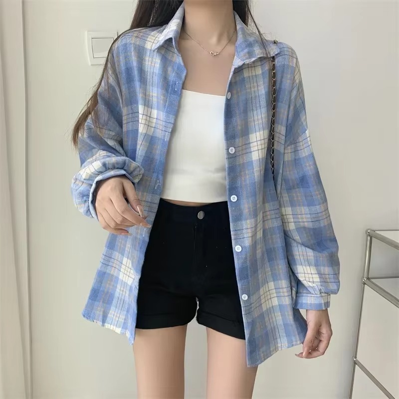 Ternet skjorte dame efterår langærmet top kvinde vintage enkeltradet bluse dame preppy stil løse ternede skjorter: Xl / Blå
