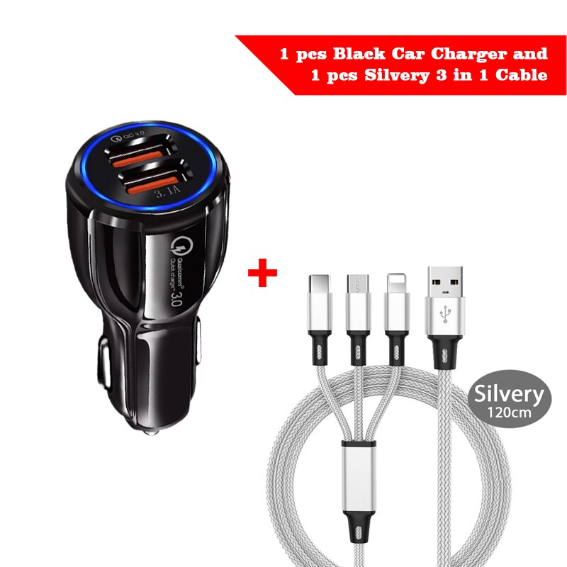 3 in 1 Fast Charging Cable For Huawei Mate 30 20 10 9 8 P40 P30 P20 Pro P10 P9 P8 Lite Dual USB Port QC 3.0 Car Charger Adapter: UK