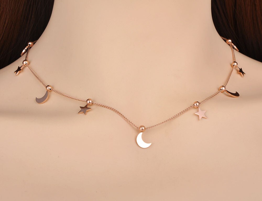Lokaer-collier bohème en titane, acier inoxydable, lune et étoile, ras du cou pour femmes et filles, tendance, pendentif à breloque, N19214