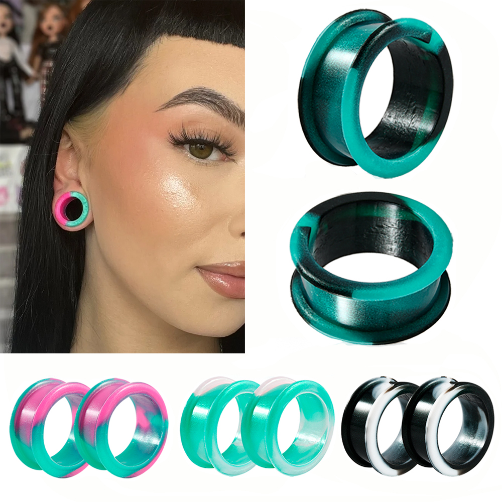 1 paar Ongelijke Gekleurde Marmer Kleur Dikke Siliconen Oor Tunnel Oorbellen Expander Double Flared Meters Plug Piercing 8mm-38mm