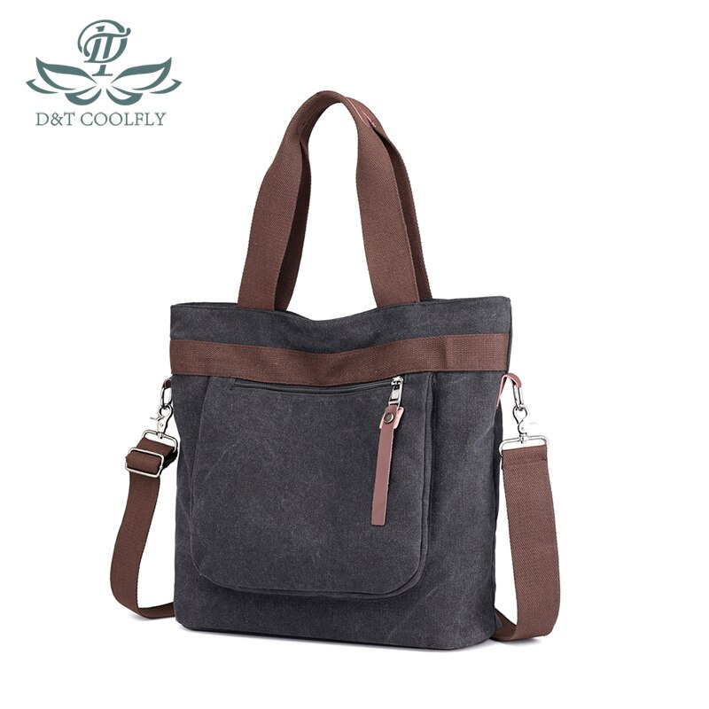 D&T One Shoulder Casual Bags Women Solid Canvas Waterproof School Student Light Zipper Pocket Inside Bags