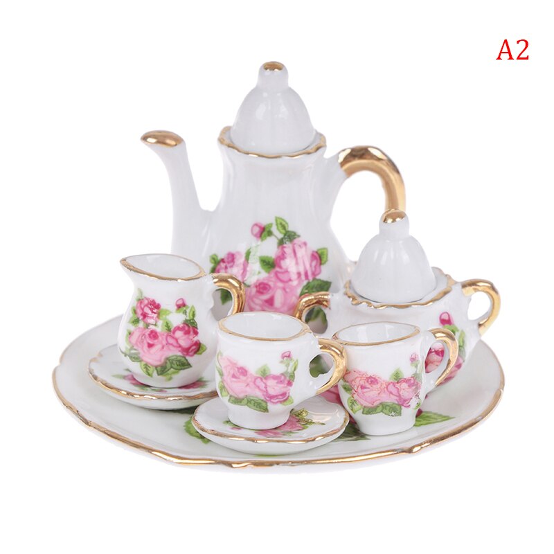 8pcs Dollhouse Miniature Restaurants Goods Porcelain Tea Set Plate Cup Plate Flower Print Dollhouse Furniture Accessories Toys: 2