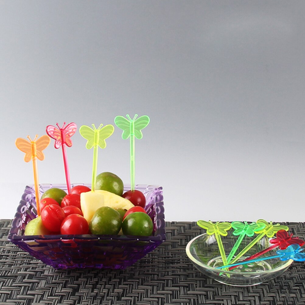 200pcs Plastic Picks Vlinder Vorm Fruit Tandenstokers Wegwerp Sandwich Voorgerecht Cocktail Sticks Feestartikelen (Gemengde Kleur)