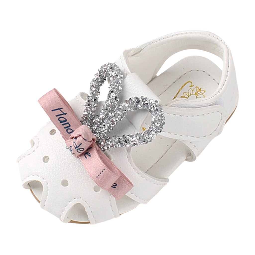 Princess Baby Girl Shoes Anti-slip Hallow Rabbit Ear Bow Beach Sandals Girls Letter Print Shallow Cute Soft Baby Girl Sandals: White / 0-3Months