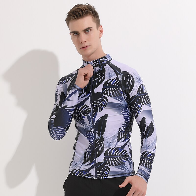 Men's Long Sleeve Zip Front Rash Guard Surf Swim Shirt Sun Protection UPF 40+ High Crew Neck Rashguard Tops UV Suits Print