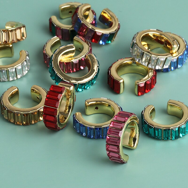 Juran Punk Rhinestone Crystal Clip Oorbellen Voor Vrouwen Bohemian Rood Blauw Groen Wit Oor Manchet Brincos Mode Geometrie Sieraden