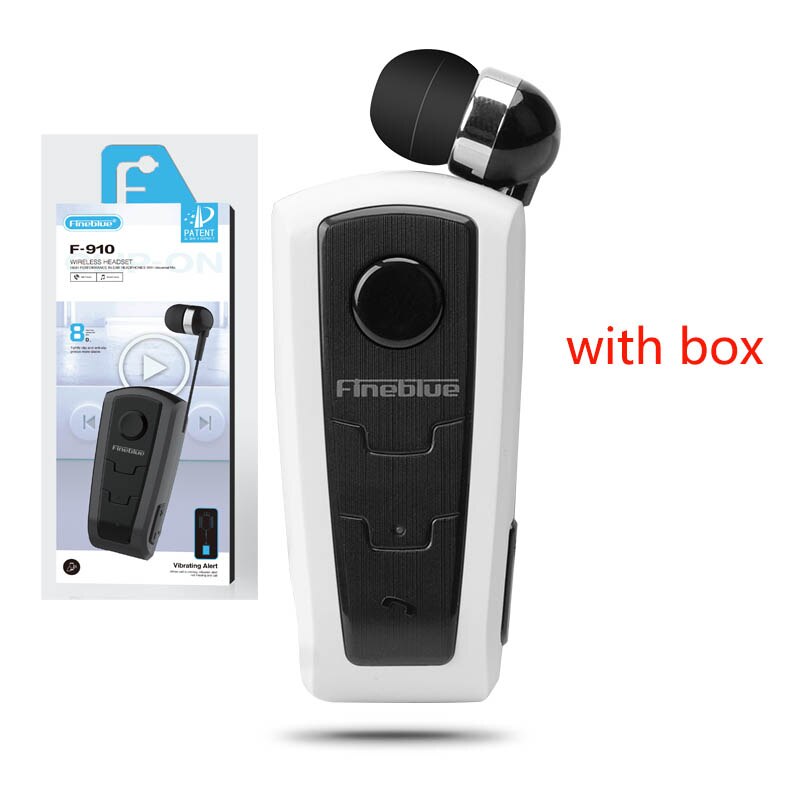 FineBlue F910 Bluetooth Headset - Clip-on, Vibration Alarm, Retractable Cord, Hands-Free Calling: F910--W-BOX