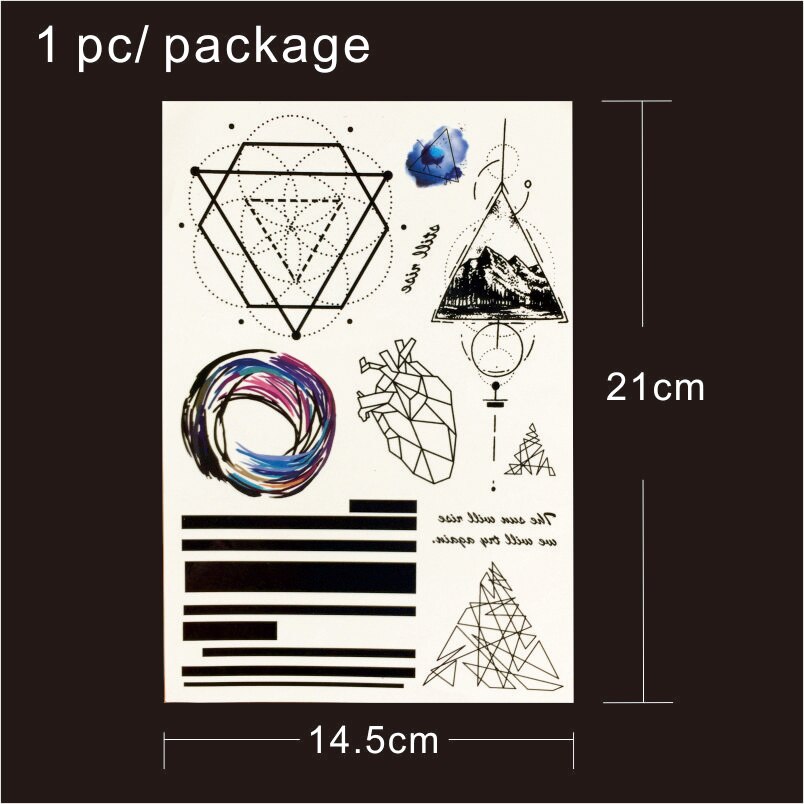 T1802 1 bit geometrisk linje tillfällig tatuering med triangel berg, linje, hjärta och rundhet mönster kroppsmålning tatueringar