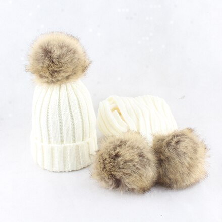 HEALCOLD Jungen Mädchen Hütte Schal einstellen freundlicher Pelz Bommel Mützen Schal Winter Schal Hütte Für freundlicher: Weiß Hut