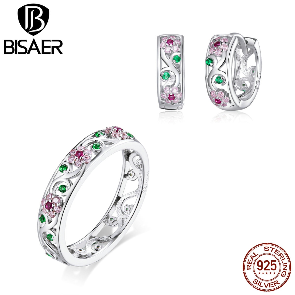 Colorful Flowers Jewelry Sets BISAER 925 Sterling Silver Pink Zircon Ring & Hoop Earrings For Women Luxury Jewelry