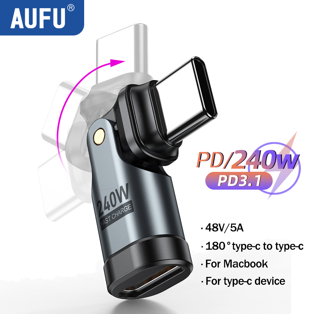 AUFU 240W Adapter USB typu C na USB C Adapter kabla do szybkiego ładowania 180 stopni Konwerter męski na żeński typu C do Macbooka Samsunga