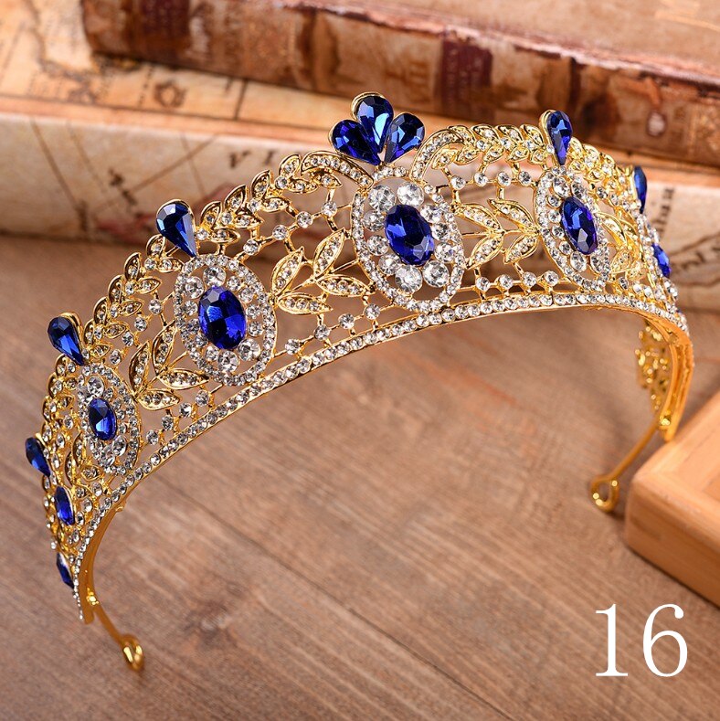 Baroque Luxury Handmade Rhinestone Bridal blue Crystal Big Crown Tiaras Diadem for Bride Headbands Wedding Hair Accessories: 16