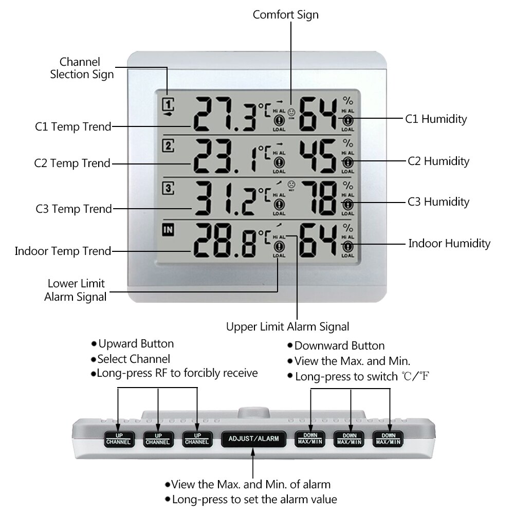 Väderstation termometer c/f värde display larm temperatur mätare station tester w / 3 utomhus inomhus trådlös sensor