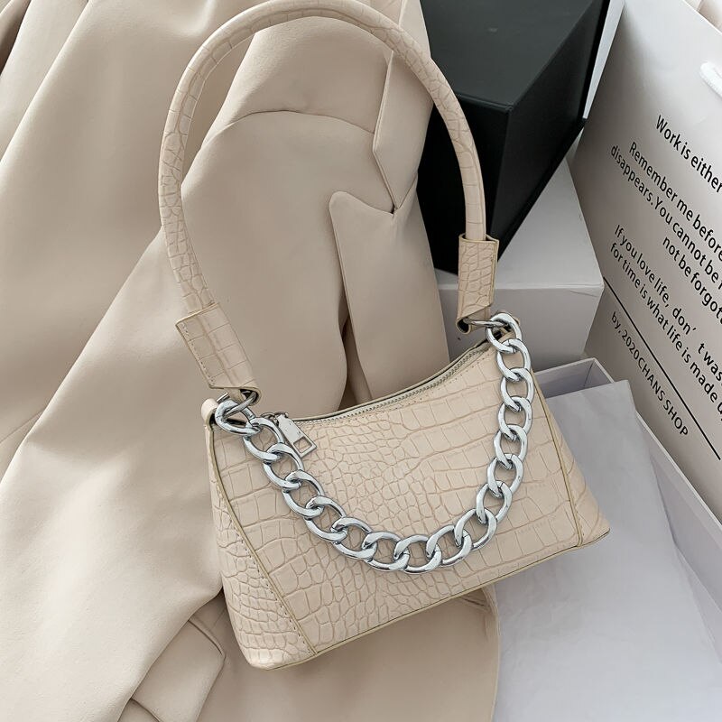 Dames oksel handtassen krokodillenpatroon pu leer dames baguette tas hoge kwaliteit clutch kleine schoudertassen: Beige