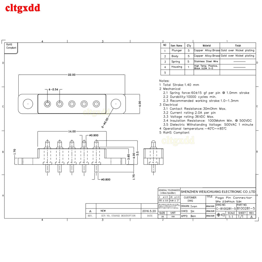 1pcs Spring Loaded Connector Pogo Pin 5 Pin 2.54 MM Pitch Through Holes PCB Vertical With Flange Panel Mount Single Row Strip