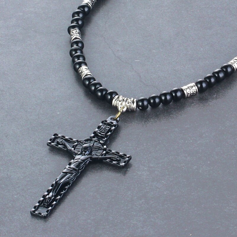 Retro jesus kors vedhæng halskæde sort farve perler kæder saint benedict medalje halskæder til mænd religiøse smykker kolye: F