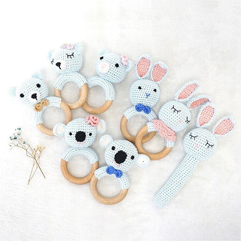 Baby Holz Beruhigende Rasseln Spielzeug Baby Natur Häkeln Handgemachte Gestrickte Rasseln BeißRing Spielzeug Hase Bär Zahnen Ring BeißRing Neue