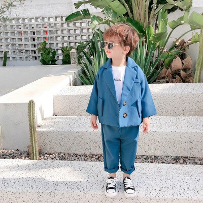 3-8-Jaar-Oude Jongen Baby Lente Casual Pak Pak Koreaanse Lange Mouwen Twee stuk Kind Baby-En Najaar Pak: Blauw / 7T