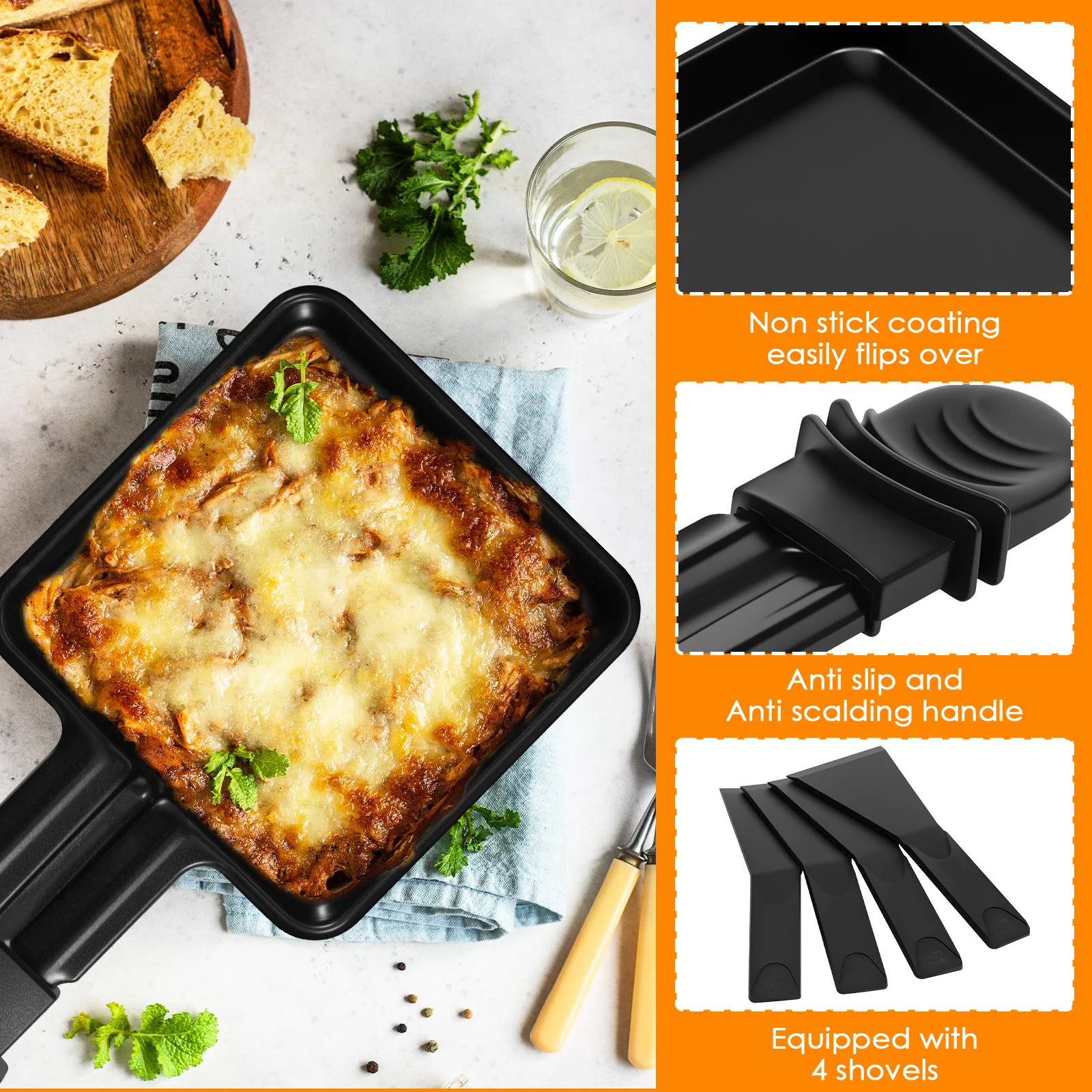 Mini sartenes para parrilla de Raclette de forma cuadrada, sartén para derretir queso con mango, sartenes antiadherentes de acero inoxidable para barbacoa, sartén para derretir queso y huevos, 4 Uds.