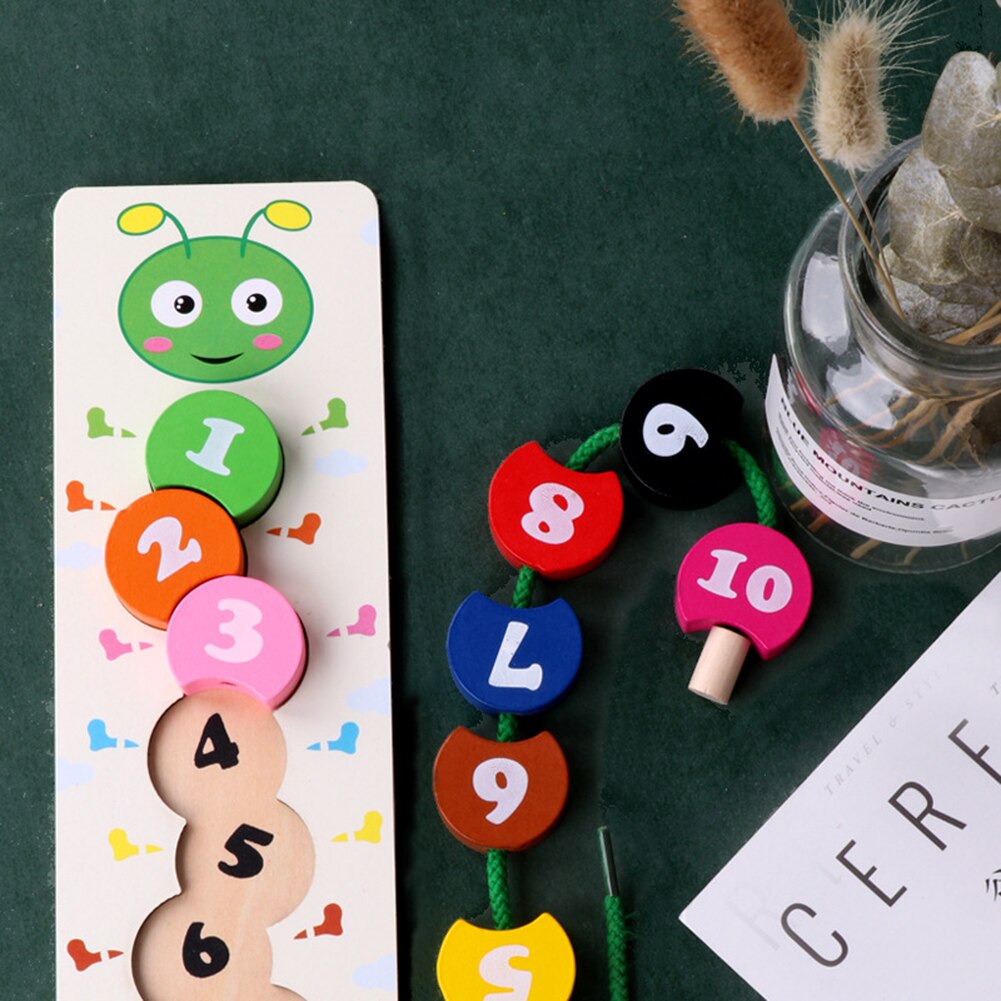 Wooden Cartoon Caterpillars Threading Beads Number Counting Kids Education Toys Help children develop hand-eye co-ordination