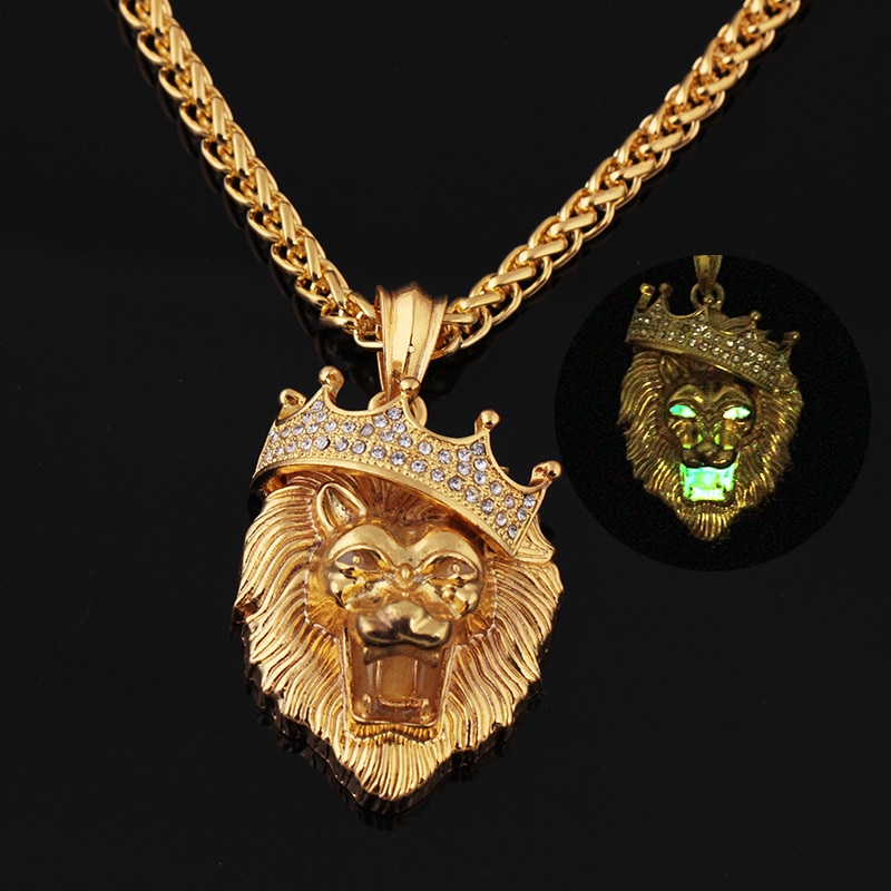 Hip hop krone løve krystal rhinestone vedhæng halskæde metal lysende dyr lange kæde halskæder smykker til mænd
