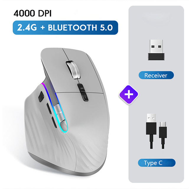 2.4G draadloze muis Bluetooth RGB oplaadbaar ergonomisch computermuizen voor computergamingkantoor: GRIJS