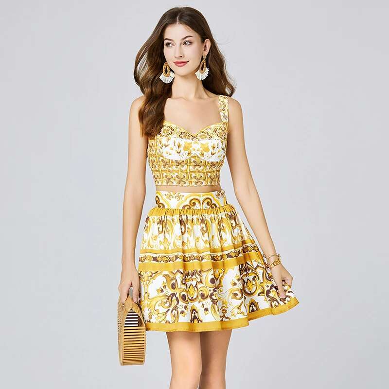 Runway Summer Golden Yellow Floral Two Piece Women Skirts Sets Sexy Crop Tops Corset Mini Short Skirts Suits