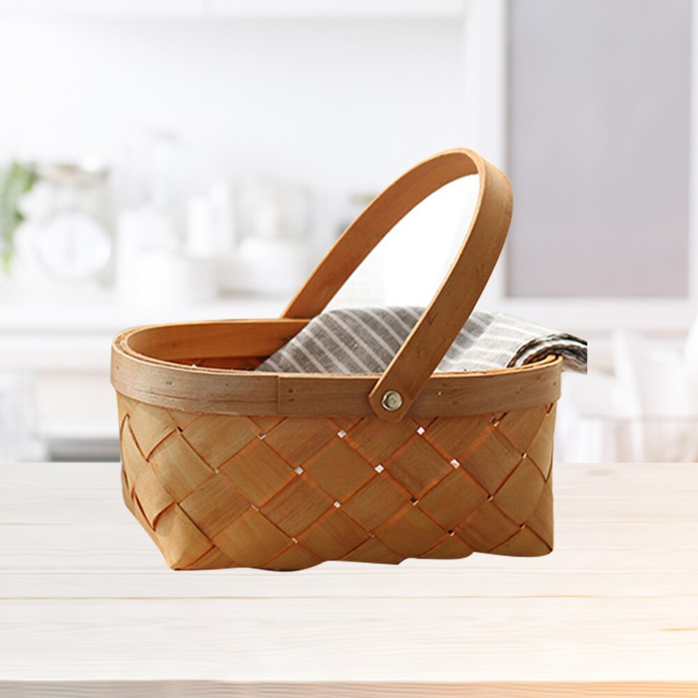 Portable Rattan Storage Container Storage Basket Houseware Storage Basket Wooden Woven Storage Basket with Handle(Small