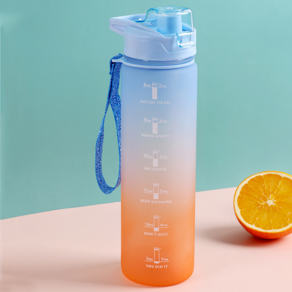 1L Large Capacity Water Bottle Straw Cup High Temperature Plastic Water Cup Time Scale Frosted Outdoor Sports Student Couple Cup