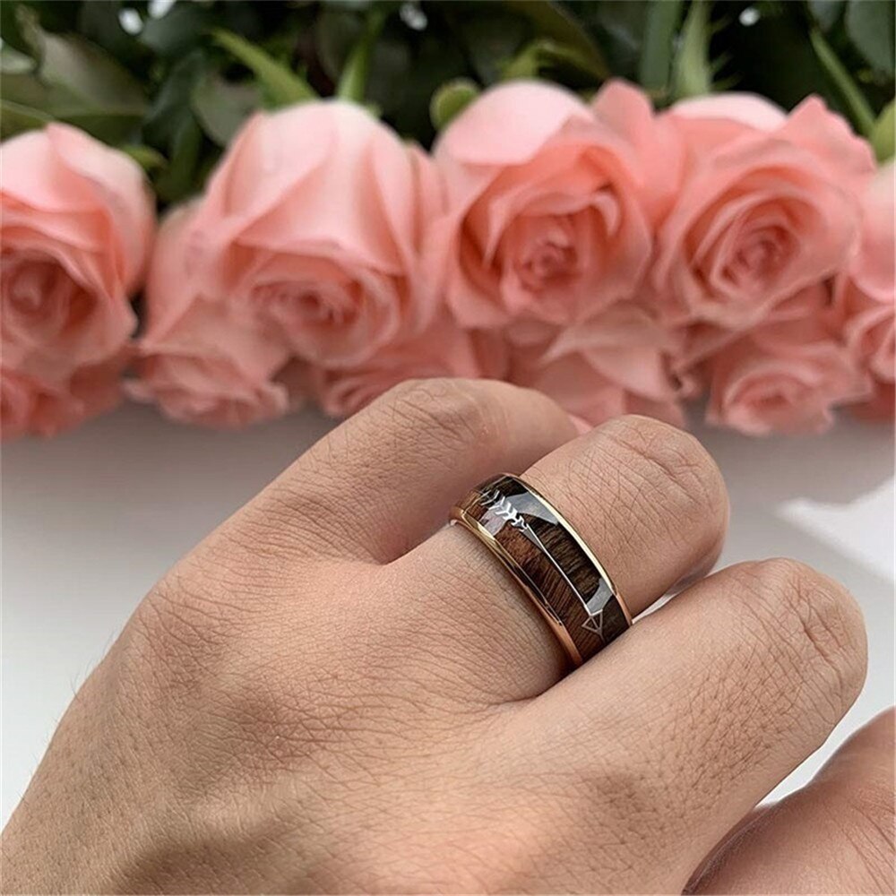 8mm Luxury Carbide Stainless Steel Rings for Women Wood Inlay Arrow Wedding Engagement Ring Men Party Jewelry