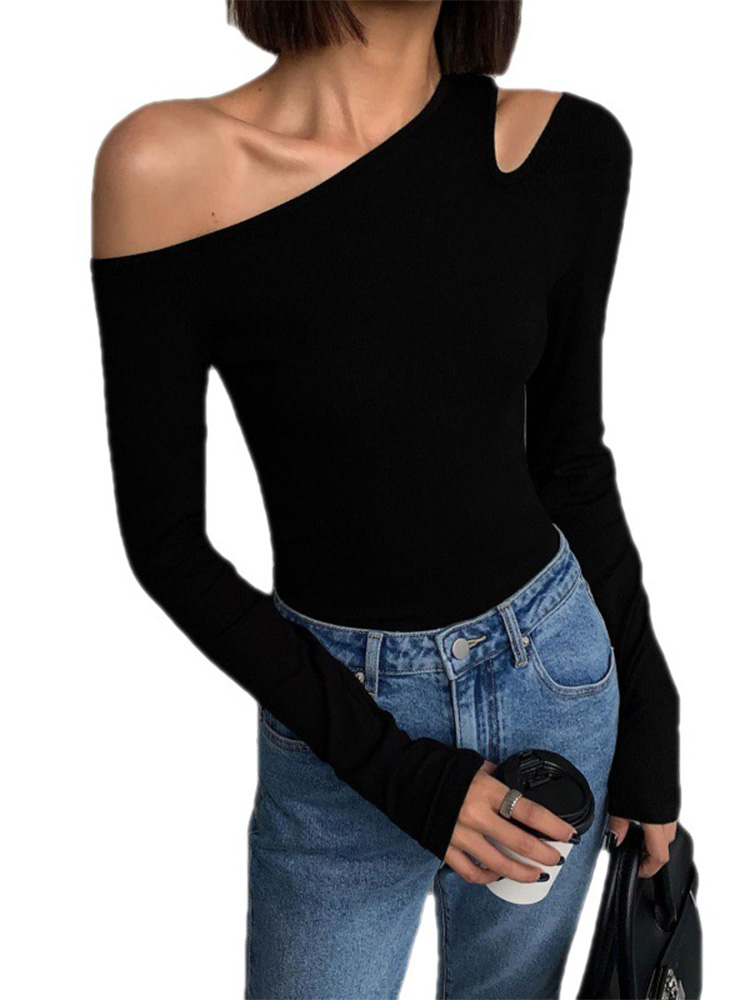 T-shirts med skæv krave og off-shoulder-ærmer til kvinder, forårssolid, slim fit, crop top, sexet, udhulet t-shirt